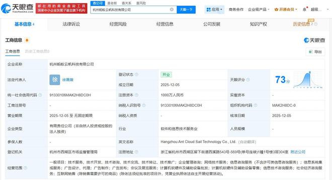 螞蟻集團(tuán)在杭州成立云帆科技公司，注冊資本1000萬元聚焦計(jì)算機(jī)軟硬件批發(fā)